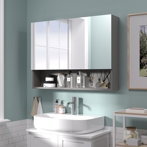 Bathroom Cabinet with Mirror, Wall Cabinet with 2 Mirrored Doors, Adjustable Shelf, Open Compartment, Wall-Mounted, 24x32 Inches, Grey (Assembly Required) - color: Grey, size: W32 x H24 - 2 Door
