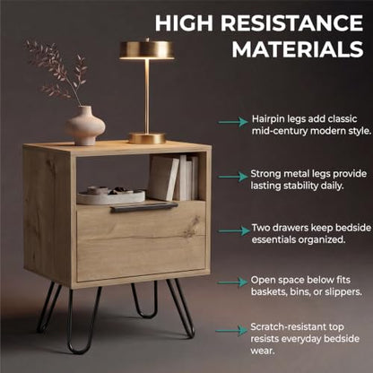 Tuhome Augusta Nightstand, Small Night Stand with Storage Drawer & Open Shelf, 22.2" Tall Narrow Bedside Table on Metal Hairpin Legs, Engineered Wood, Black or Light Oak - color: Light Oak