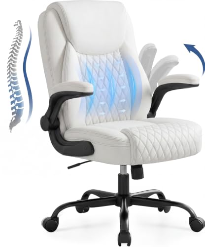 GTPOFFICE Executive Office Chair with Comfortable Lumbar Support, Ergonomic Gaming Chair with Flip-up Armrests & Zoned Pressure-Relief Cushion, Comfy PU Leather Desk Chair, White - color: White