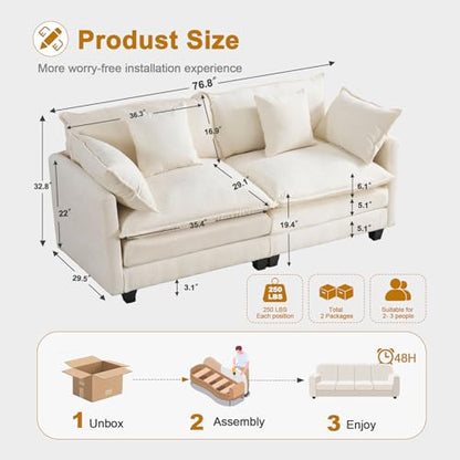 77" Loveseat Sofa Couch｜Small Cloud 2-Seater Sectional Sofa with 29.1" Deep Seat｜FSC Certified Solid Wood & Metal Frame｜Easy Assembly & 1YR Guarantee｜for Apartment Living Room Bedroom｜Beige - color: Beige, size: 77 Inch
