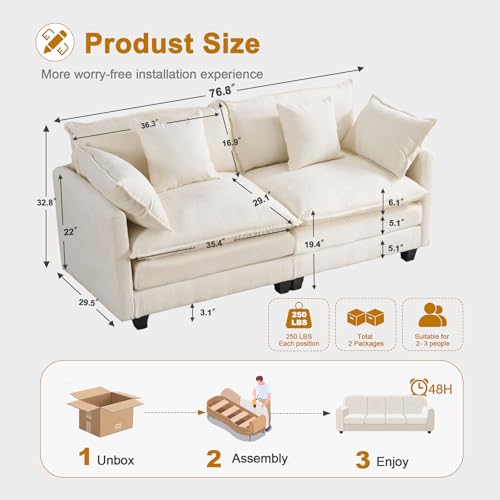 77" Loveseat Sofa Couch｜Small Cloud 2-Seater Sectional Sofa with 29.1" Deep Seat｜FSC Certified Solid Wood & Metal Frame｜Easy Assembly & 1YR Guarantee｜for Apartment Living Room Bedroom｜Beige - color: Beige, size: 77 Inch