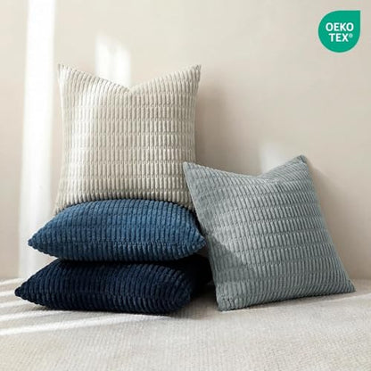 Softalker Throw Pillow Covers 18x18 Inch, Set of 4, Corduroy Soft Striped Farmhouse Boho Pillow Cover, Modern Decorative Cushion Pillow Case for Couch Sofa Bedroom Living Room, Grey/Blue | Soft Striped Farmhouse Boho Modern Home Decor Throw Pillow Covers