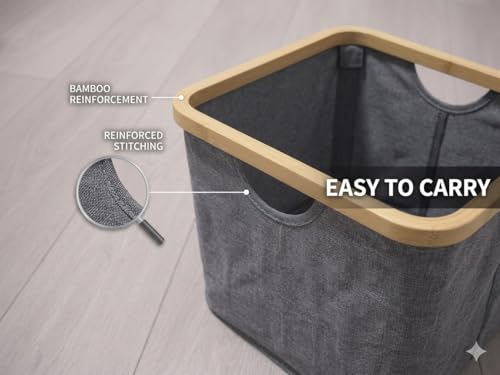 Bamboo Storage Basket, Collapsible Fabric Shelf Basket with Handles, Open-Top Closet Organizer Bin, Gray, 11.8 x 11.8 x 9.6 in