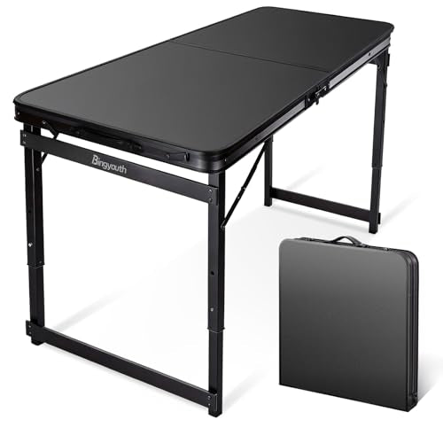 Folding Camping Table, Black Aluminum Frame,3-Position Adjustable Height,Lightweight Carry Handle, Portable for Travel, Camping Outdoor Use, 4FT x 2FT(Large), Black - size: 4 ft x 2 ft × 2.3 ft H