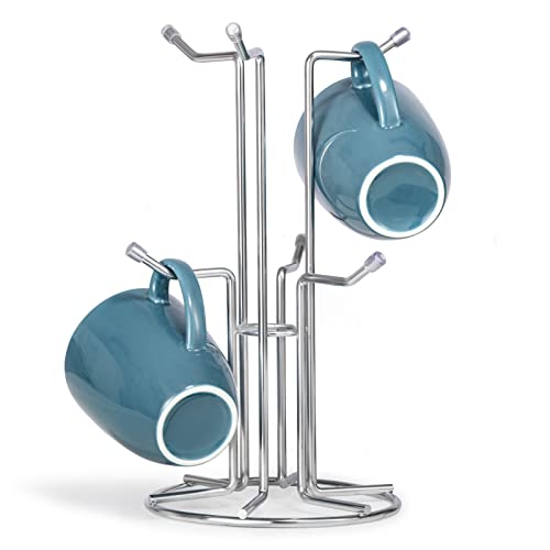 HULISEN Mug Tree for Large Cup, 6 Hook Countertop Coffee Mug Holder, Silver | Cup Rack for Counter, Stable Wide Base, Metal Stand for Kitchen Coffee Bar Display, Space-Saving, No Assembly Required - color: Silver