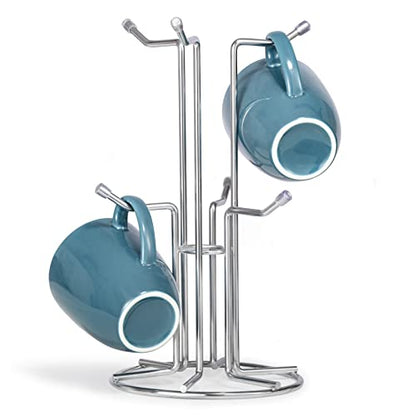 HULISEN Mug Tree for Large Cup, 6 Hook Countertop Coffee Mug Holder, Silver | Cup Rack for Counter, Stable Wide Base, Metal Stand for Kitchen Coffee Bar Display, Space-Saving, No Assembly Required - color: Silver