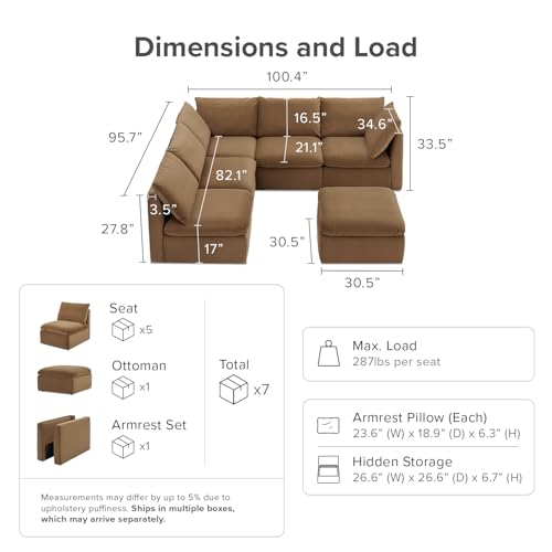 mopio Oversized Modular Sectional Sofa with Fully Removable Covers and Storage, Convertible U & L Shaped Sectionals, Modern Cloud Couch with Ottoman Chaise (Hazelnut Velvet, 6 Seats, L) - color: [Gen 2] Hazelnut Velvet, size: 6 Seats, L