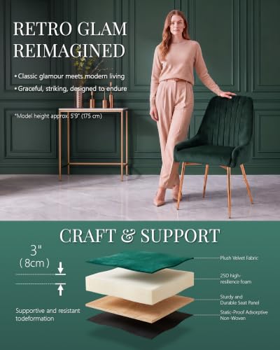 Green Velvet Dining Chairs Set of 6, Modern Kitchen and Vanity Chairs | Modern upholstered vanity chairs with gold metal legs, stain-resistant hand-quilted fabric, high-density foam cushion seat - color: Green, size: Set of 6