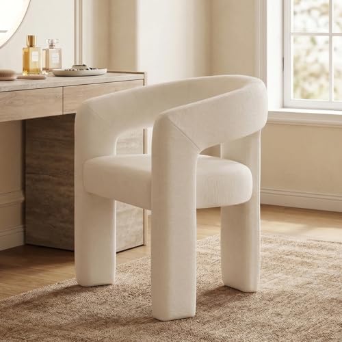 HNY Modern Chenille Barrel Single Dining Chair, White | Upholstered Accent Armchair With 18.32" Wide Seat No Assembly Required For Living Room Bedroom Vanity Small Spaces - color: White Chenille