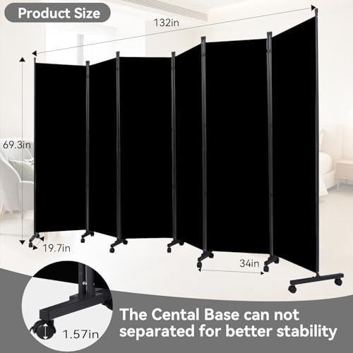 Folding Room Divider W/Wheels,Heavy Duty Base Privacy Screen Separator | 360° Smooth Lockable Rolling Wheels,Foldable Freestanding Wall Divider,Easy Movable Partition for Room Separation - color: Black, size: B-132''W-6 Panel