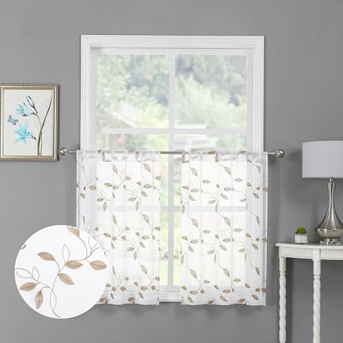Tollpiz Taupe Leaf Sheer Tier Curtains Kitchen 30 x 24 Inches | Short Curtain Leaves Embroidered Rod Pocket Voile Bathroom Window Treatment for Cafe, Set of 2 Panels - color: Taupe, size: 30"W x 24"L (Pack of 2)