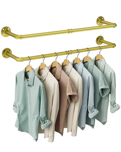 OROPY 38.4" Industrial Pipe Clothes Rack Wall Mounted, Heavy Duty, 2 Pack | Heavy Duty Iron Pipe Clothing Garment Rail, Multi-Purpose Clothing Hanging Rod for Laundry Room and Closet Storage, Gold - color: Gold(38.4")