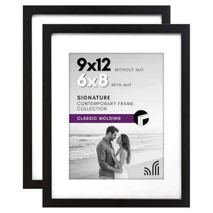 Americanflat 9x12 Picture Frame with Shatter-Resistant Glass - Set of 2 - Use as 6x8 Frame with Mat or Display 9x12 Photo Without Mat - Signature Collection - Photo Frames for Tabletop or Wall - Black | Engineered Wood construction, Shatter-resistant glas