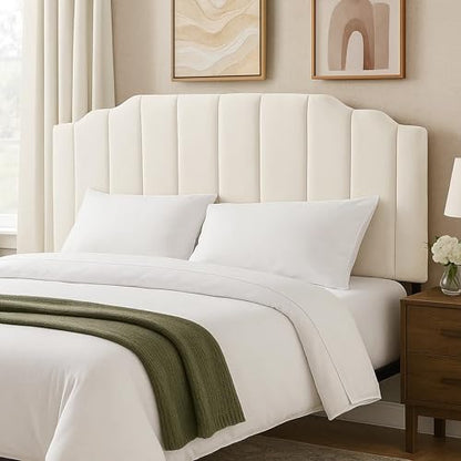 Upholstered Headboard Adjustable Height Queen/King Headboard Cream Velvet Tufted Modern Vertical Channel Design with Stepped Silhouette Top Edge(Beige Queen) - color: Beige, size: Queen