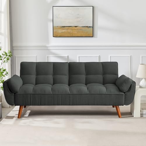 Futon Sofa Bed Modern Convertible Sleeper Sofa, 75” Linen Twin Size Futon Couch Comfy Recliner Sofa Couch with Adjustable Split Backrest for Living Room Small Spaces, Dark Grey - color: Dark Grey