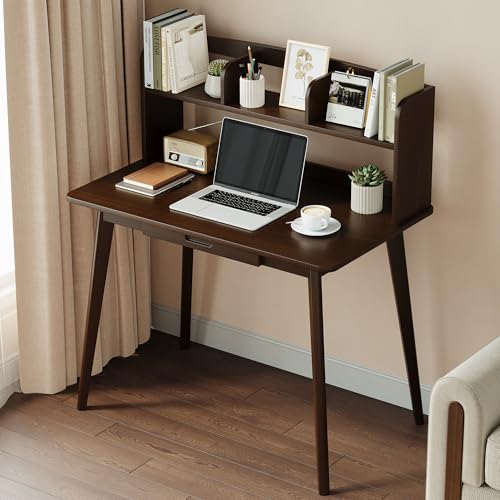 IOTXY Small Writing Desk with Hutch - 39.4" Work Computer Study Table | Black Walnut, Storage Drawer, Space-saving for Home and Office, with Bookshelves - color: Black Walnut, size: 39.4-Inch