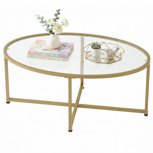 Wolawu Coffee Table Gold Oval Glass Coffee Tables for Living Room,Modern Gold Metal Frame Tea Tables for Small Space, Tempered Glass Top Center Table with Stable Cross Base for Bedroom, Office,Balcony - color: Gold Glass