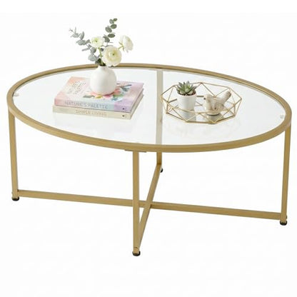 Wolawu Coffee Table Gold Oval Glass Coffee Tables for Living Room,Modern Gold Metal Frame Tea Tables for Small Space, Tempered Glass Top Center Table with Stable Cross Base for Bedroom, Office,Balcony - color: Gold Glass