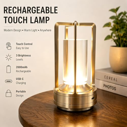 Rechargeable Crystal Table Lamp, 3-Color Touch LED, Gold | Gold metal crystal lantern, 3-color touch dimming, USB-C rechargeable, compact 7.1 in accent light for patio table - style: golden-1
