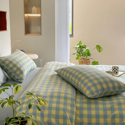 mixinni Plaid Duvet Cover Set Twin Yellow - Soft Washed Cotton Modern Geometric Bedding Set with 2 Pillowcases, Blue Green Gingham Grid Twin Duvet Cover for Men & Women, Soft & Lightweight - color: 04 - Yellow/Blue Plaid, size: Twin