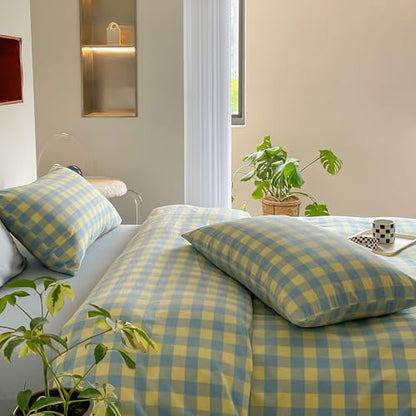 mixinni Plaid Duvet Cover Set Twin Yellow - Soft Washed Cotton Modern Geometric Bedding Set with 2 Pillowcases, Blue Green Gingham Grid Twin Duvet Cover for Men & Women, Soft & Lightweight - color: 04 - Yellow/Blue Plaid, size: Twin