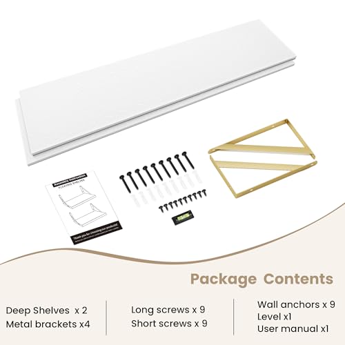 Dreamland Wall Mounted Floating Shelves Set of 2, 55x12, White&Gold | Engineered Wood, Visible Bracket, Large Storage, Hold Up to 80lbs, Living Room, Bathroom, Bedroom, Kitchen - color: White&gold, size: 55"W x 12"D