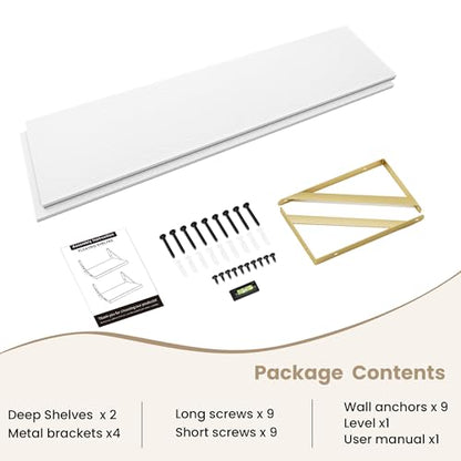 Dreamland Wall Mounted Floating Shelves Set of 2, 55x12, White&Gold | Engineered Wood, Visible Bracket, Large Storage, Hold Up to 80lbs, Living Room, Bathroom, Bedroom, Kitchen - color: White&gold, size: 55"W x 12"D