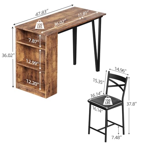 IDEALHOUSE Dining Table Set for 2, Expandable Kitchen Bar Table and Chairs for 2, 3 Piece Counter Height Top Dining Table Set with Upholstered Chairs Storage for Small Space, Rustic Brown - color: Rustic Brown