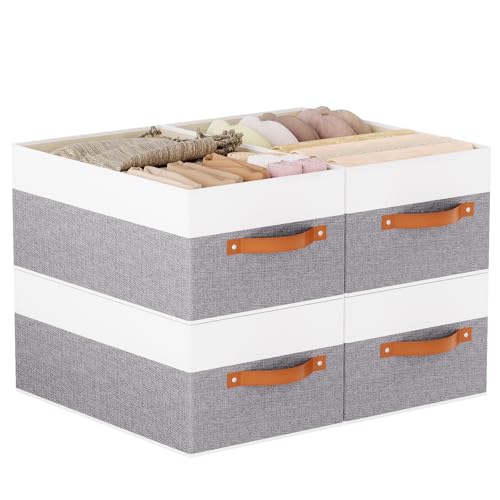 Fabric Storage Boxes,16.1×9.8×6.5In,White/Grey Bins,4Pack | Storage Baskets with Handles,Collapsible Clothing Bins,Fabric Drawers,Closet Organizer for Shelves Wardrobe Bedroom - color: White/Grey, size: Large -4 Pack