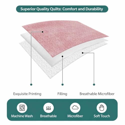 Minimalist Pink 3 Piece Quilt Set Twin XL Size, Vintage Distressed Pattern Farmhouse Art Soft Bedspread Coverlet Bedding Set Microfiber Lightweight Comforter Set with 2 Pillowcases for Bedroom - size: Twin XL