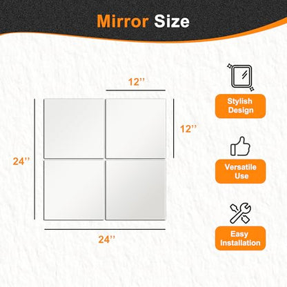 Home Gym Mirrors, 12'' x 12'' Glass Mirror Tiles, 4 PCS | Square Large Wall Mirror, For Home Gym, Bedroom, Door, Bathroom, Frameless Mirror Sets - size: 12" x 12" (4 PCS)