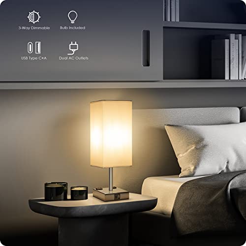 Bedside Lamp with USB Ports - Touch Control Table Lamp for Bedroom with USB C+A Charging Ports & AC Outlets, 3 Way Dimmable Nightstand Light for Living Room (LED Bulb Included, Chrome - White) - color: Chrome - White