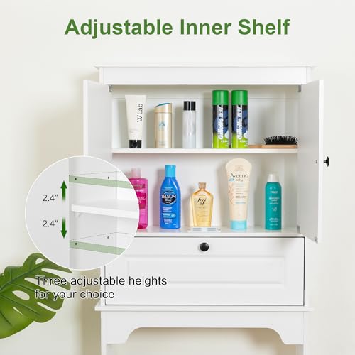Over The Toilet Storage Cabinet, White | Over Toilet Bathroom Organizer, Freestanding Bathroom Cabinet Over Toilet with Double Doors and Adjustable Shelf