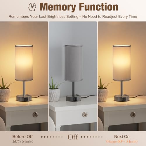 Grey Touch Bedside Lamp for Bedroom, Stepless Dimmable, USB A+C, AC Outlet | Base Touch Button Only, Memory Brightness, Ultra-dim Night Light, Included Bulb for Optimal Dimming, Grey Fabric Shade, Desk - color: Grey & Grey