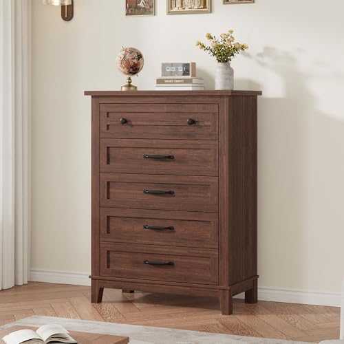 GarveeHome 5 Dresser for Bedroom, 41.3 in Tall Vertical Drawer Dresser with Large Storage, Freestanding Wooden Closet Chest for Bedroom, Living Room, Walnut - color: Walunt, size: 15.8"D x 31.5"W x 41.3"H (5 Drawers)