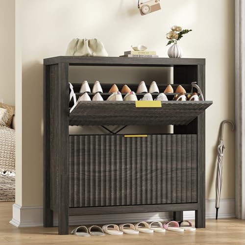 Fluted Shoe Cabinet Storage with 2 Flip Drawers for Entryway, Hallway | Narrow Shoe Rack Freestanding Shoe Organizer with Legs for Entryway，Hallway, Dark Gray - color: Dark Grey, size: 2 Drawers