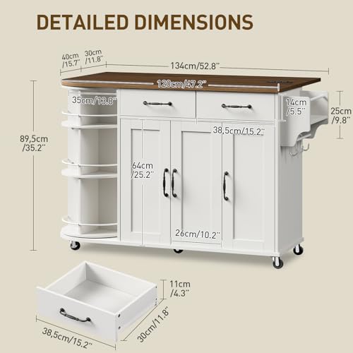 Kitchen Island with Power Outlet & Drop Leaf, Kitchen Rolling Island with Rotating Organizer, Kitchen Island Cart with Storage Cabinet, Mobile Island Table for Kitchen, White and Walnut - color: White + Walnut