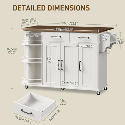 Kitchen Island with Power Outlet & Drop Leaf, Kitchen Rolling Island with Rotating Organizer, Kitchen Island Cart with Storage Cabinet, Mobile Island Table for Kitchen, White and Walnut - color: White + Walnut