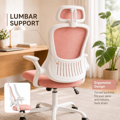 Pink Ergonomic Office Chair, High Back Mesh Desk Chair with Adjustable Headrest Lumbar Support, Computer Chairs with Flip-up Armrests and Thickened Cushion for Adults Home Office, 360° Swivel - color: Pink With Headrest