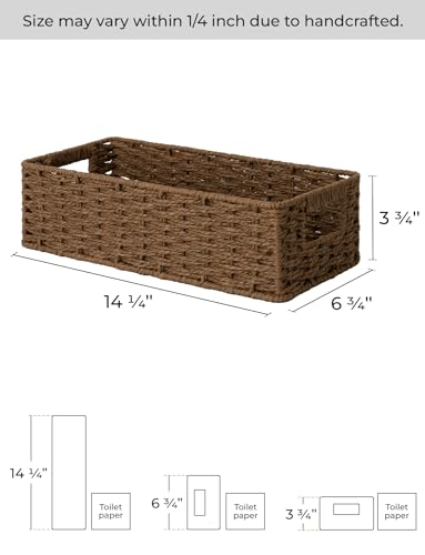 StorageWorks Toilet Tank Tray, Brown Round Paper Rope Bathroom Baskets for Organizing, Toilet Tank Basket, Toilets Organizer with Built-in Handles, 14 ¼"L x 6 ¾"W x 3 ¾"H, 1 Pack | Paper Rope Toilet Tank Tray for Tank Topper, Small Wicker Toilets Paper Ba