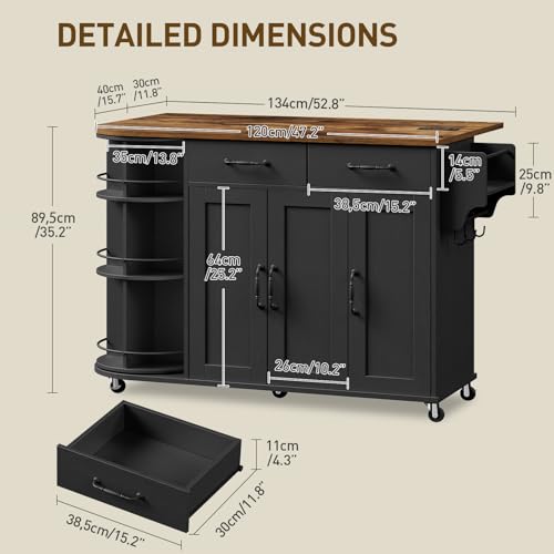 Kitchen Island with Power Outlet & Drop Leaf, Kitchen Rolling Island with Rotating Organizer, Kitchen Island Cart with Storage Cabinet, Mobile Island Table for Kitchen, Black and Rustic Brown - color: Black + Rustic Brown