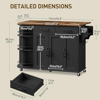 Kitchen Island with Power Outlet & Drop Leaf, Kitchen Rolling Island with Rotating Organizer, Kitchen Island Cart with Storage Cabinet, Mobile Island Table for Kitchen, Black and Rustic Brown - color: Black + Rustic Brown