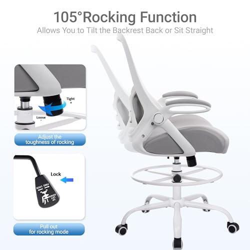 400lbs Heavy Duty Drafting Chair 5" Thickened Seat Office Chair with Flip-Up Armrests Tall Ergonomic Computer Chair with Lumbar Support and Adjustable Footrest Ring Standing Desk Chair (Grey) - color: Grey