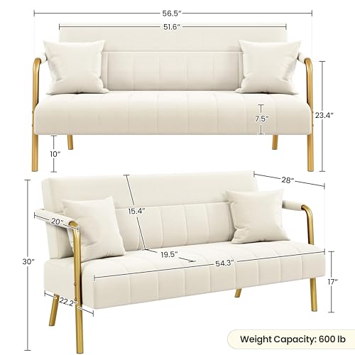 Yaheetech 56.5" Smal Sofa 2 Seater Couch with Gold-Tone Legs, Beige | Small Sofa Loveseat Velve 2 Seater Couch with Tufted Back Gold Metal Frame 2 Pillows for Office, Studio,Living Room - color: Beige, size: 56.5" W