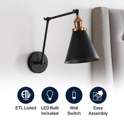 JONATHAN Y Rover 1-Light Wall Sconce 7", Black/Brass Gold | Adjustable Arm, Hardwired Bedside Reading Swing Arm, Farmhouse Cone Shade, Metal Hardwired Indoor Fixture, LED Bulbs Included - color: Black/Brass Gold, size: Set of 1