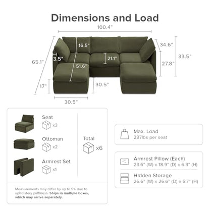 mopio Oversized Modular Sectional Sofa with Fully Removable Covers and Storage, Convertible U, L-Shaped and Sleeper Sectional, Modern Couches with Ottoman Chaise (Olive Green Velvet, 5 Seats, U) - color: [Gen 2] Olive Green Velvet, size: 5 Seats, U