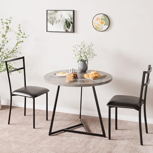 CABIHOME Dining Table Set for 2, Round Kitchen Table Set, Dining Table Set with 2 Upholstered Chairs, 3 Piece Kitchen Table Set for Small Space, Apartment, Retro Gray - color: Retro Gray, size: Round Table with 2 Upholstered Chairs