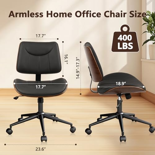 CLATINA Office Chair Armless with Wheels, Mid-Century Modern Walnut Desk Chair, Adjustable Height Reading Chair, PU Leather Mid Back & Swivel Computer Chairs for Home Meeting Room Bedroom, Black(1 PK) - color: Black Linear, size: 1 Pack