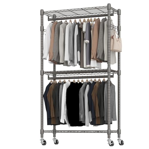 BATHWA Clothes Racks for Hanging Clothes, 35.5" W x 16.5" D x 80.7" H, Rolling Tall Heavy Duty Wardrobe Rack with Shelves & Wheels Metal Freestanding Multifuctional for Bedroom Laundry balcony, Grey - color: Grey, size: Standard