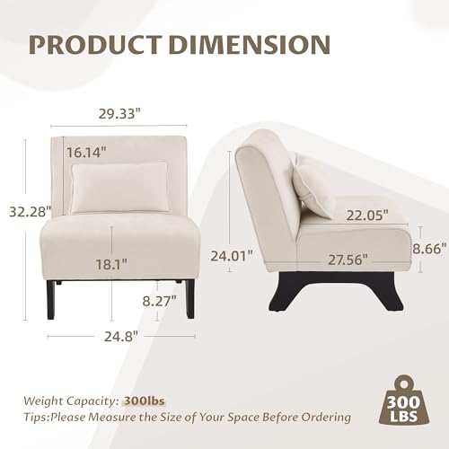 Armless Accent Chair Comfy Upholstered Modern Living Room Side Chair | Comfy Small Accent Lounge Chair with Pillow & Wooden Legs Accent Chair for Living Room Bedroom Farmhouse Reading Beige - color: Beige